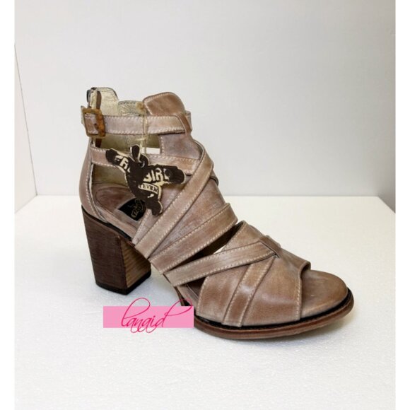 Freebird Claw Taupe Strappy Leather Distressed Heeled Sandals Tan Booties Edgy - Picture 5 of 14